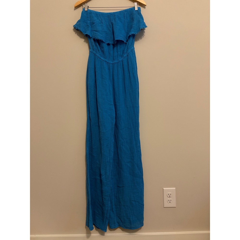 Michael Stars Blue Cotton Gauze Strapless Ruffle Wide Leg Jumpsuit Small Pockets